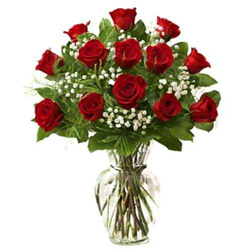 Amazing Valentines Day Special 12 Red Roses in a Vase