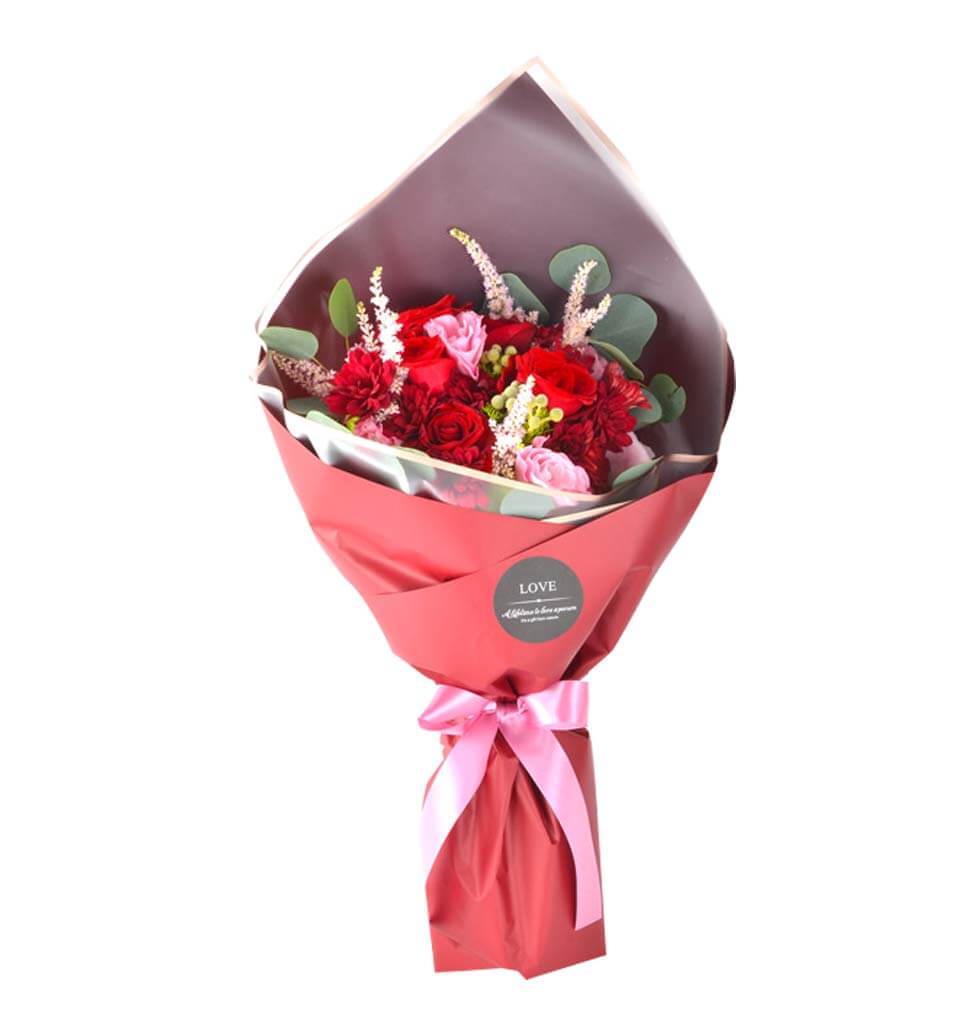 Sending a bouquet of red roses, red daisies, and p...