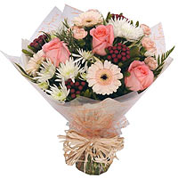 Blossoming Basket Arrangement with Roses and Mini Gareba