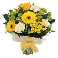 Sun-Kissed Basket of Yellow Roses and Gerberas along with Carnations and Chrysanthemums