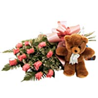 Bouquet 12 of Pink Roses with teddybear
