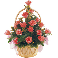 Sweetest Display of Twenty Pink Roses with Greens in Wicker Basket