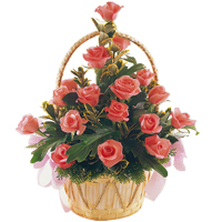 Sweetest Display of Twenty Pink Roses with Greens in Wicker Basket