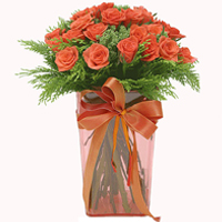 Impressive Bunch of 20 Orange Roses with Greens in a Vase