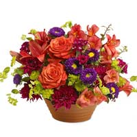 Roses with seasonal flowers in basket