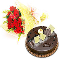 Attractive Moods of Happiness Combo Offer of Rose and Carnation Bouquet with Tasty Dark Chocolate Cake