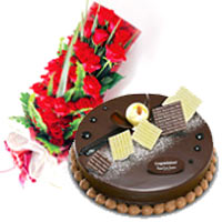 Generous Heavenly Moments Combo Offer of Blooming Rose Bouquet and Lavish Dark Chocolate Cake