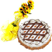 Bewitching Afternoon Delight Sunshine Bouquet of Sunflowers and a Delicious Almond Topping Cake
