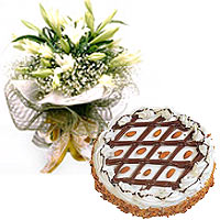 Energetic Come Together Gift Set of Almond Topping Cake and White Lily Bouquet
