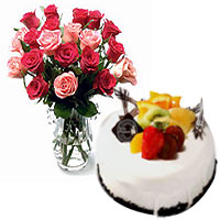 Exquisite Evening Entertainer 24 Mixed Rose Arrangement with White Cake Gift Set