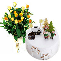 One-of-a-Kind Fair Trade Gift Set of Delectable White Cake and Bunch of Yellow Roses