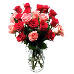 24 blended color roses arranged in a clear glass v...