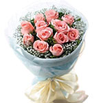 one dozen long-stem pink roses rounded with white ...