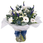 Cheerful Bouquet of Blooming White and Blue Flowers