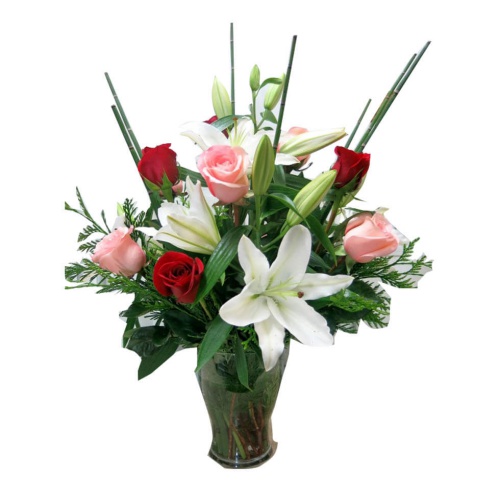 You can order this set of roses, lilium , and whit......  to Pamplona
