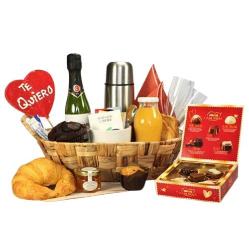 A basket filled with breakfast treats, with coffee......  to Lugo