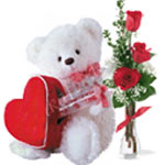 Gift Wrapped Three Red Roses with Lovely Bear