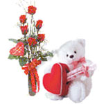 Gift Wrapped Six Red Roses with Lovely Bear
