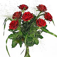 Bouquet with seven dark red roses and fountain grass.Bouquet with seven dark red...