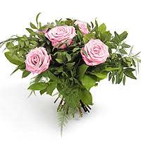 Bouquet with 5 pink roses and green. Pink color of flowers is said to come with ...