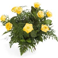 Bouquet of 10 yellow roses and green. Yellow color of the flowers is said to com...