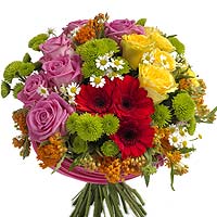 A flourishing carousel of beautiful colors! Yellow and pink roses, red gerbera t...