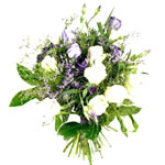 Cool, stylish and evocative bouquet of purest white and purple roses,  eustoma, ...