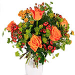 Warming and invigorating bouquet of roses, uplerum, rosehips or hypericum, salal...