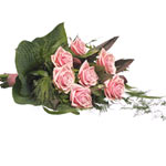 Hand Tied bouquet with light pink roses and seasonal greens.<br/>Note:- Ribbon i...
