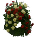 This funeral wreath with white f white roses and red carnations.(Size small 50cm...