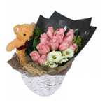 Fresh 12 Pink Roses Bouquet with Teddy