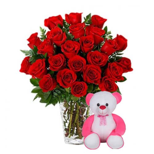 Joyful Teddy Bear with Charming Flower Bouquet