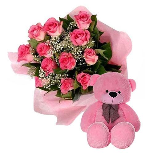 Classic Heart of Love Pink Roses Bouquet with Teddy Bear