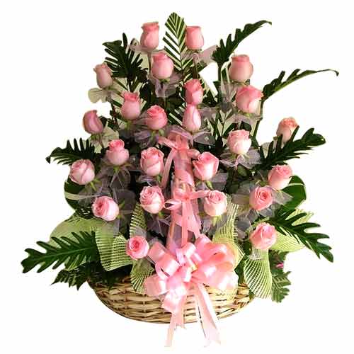 Fragrant Love in My Heart 24 Pink Roses in Basket