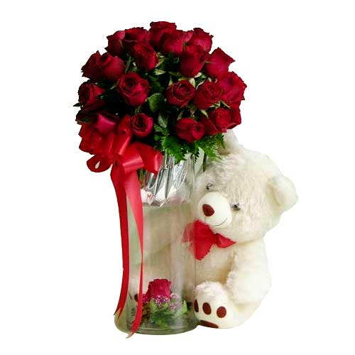 Romantic Red Roses and Teddy Bear for Passionate Moments