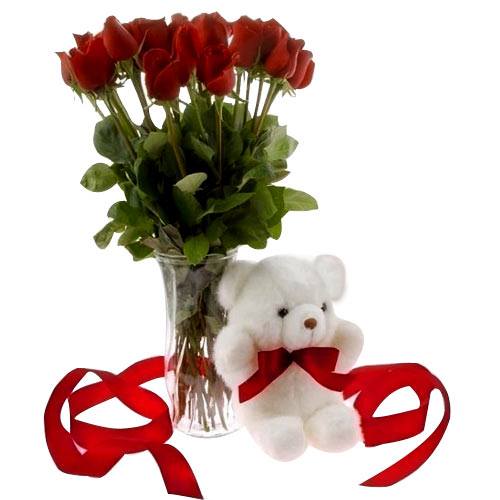 Spectacular Bouquet of 12 Red Roses with Teddy