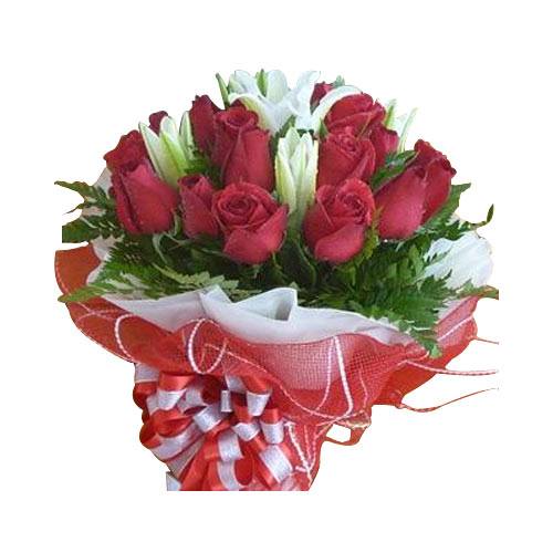 Bright Arrangement of Nine Red Roses with Lilies