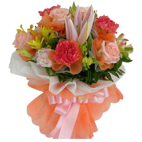 Pristine Bouquet of Pink Rose, Carnation and Pink Lily