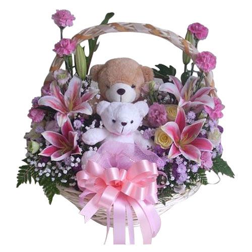 Expressive Hugs N Kisses Two Teddy with Flower Bouquet