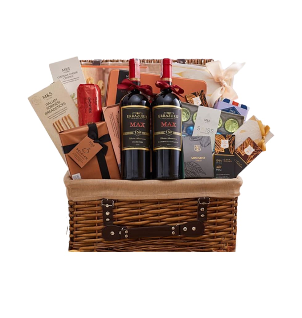 This gift basket includes a bottle of wine, a crea...