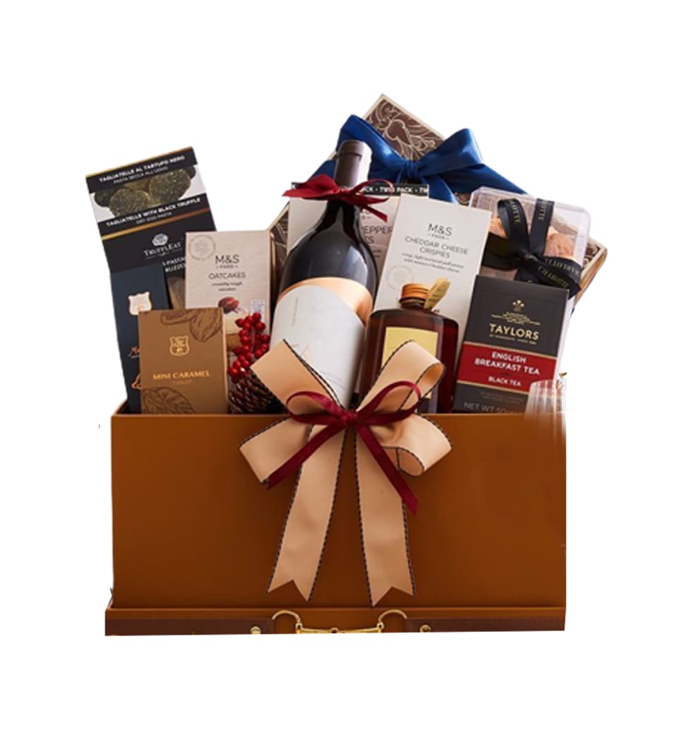 This luxurious wine gift basket is suitable for an...