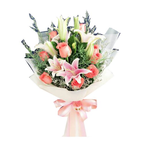 Bouquet Pink Roses Lilies