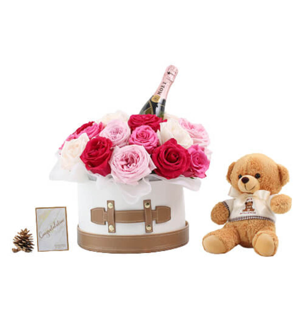 Hamper Of Flowers Champagne Teddy Bear