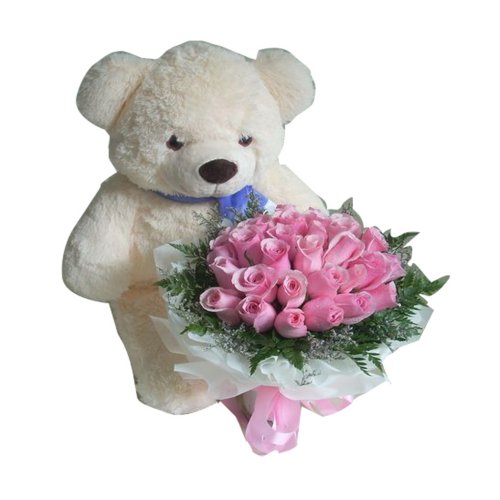 A big teddy bear is holding a bouquet of pink rose......  to Ratchaburi