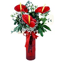 Cylinder red anthuriums and white roses in glass v...