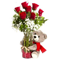 Unique Aspiration Floral Bunch of 7 Red Roses With Sweet Teddy Bear