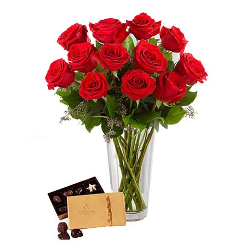 12 Red Roses with Godiva Chocolates