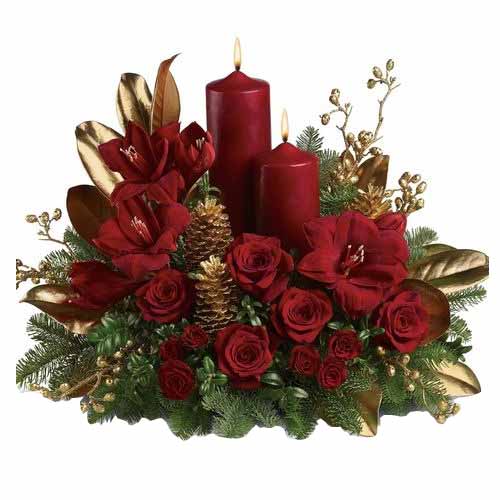 Radiant Romantic Surprise Bunch of Red Roses with Red Pillar Candles 