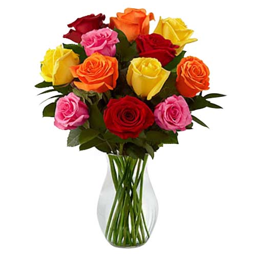 Multicolored 12 Roses in a Glass Vase