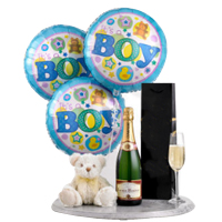 Delightful Gift Hamper of Champagne, Boy Imprint Balloons N Teddy Bear